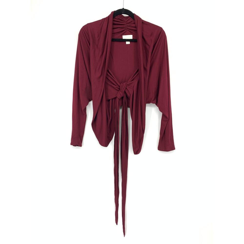 Doo. Ri Burgundy Long Sleeve Tie Front Shrug Sweater Womens Size 2 Draped Front